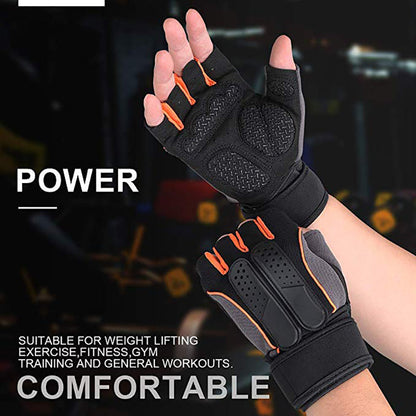 ProGrip Power Training Gloves - black and orange half-finger gym gloves with wrist support
