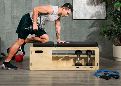 OakFlex Multi-Function Bench used as weight bench, dumbbell rack, and resistance band station