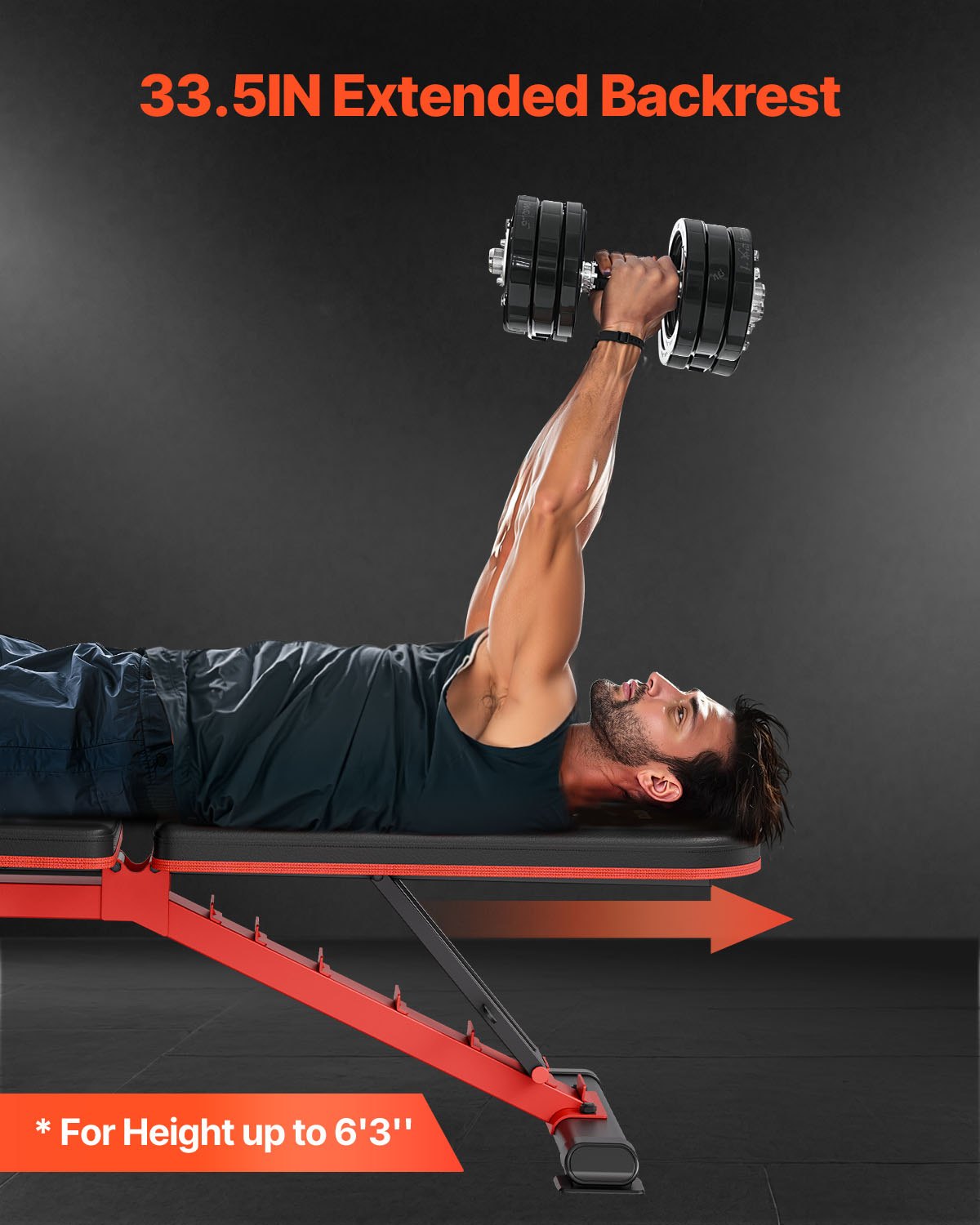 FlexLift Pro Incline Bench 33.5 inch extended backrest in use