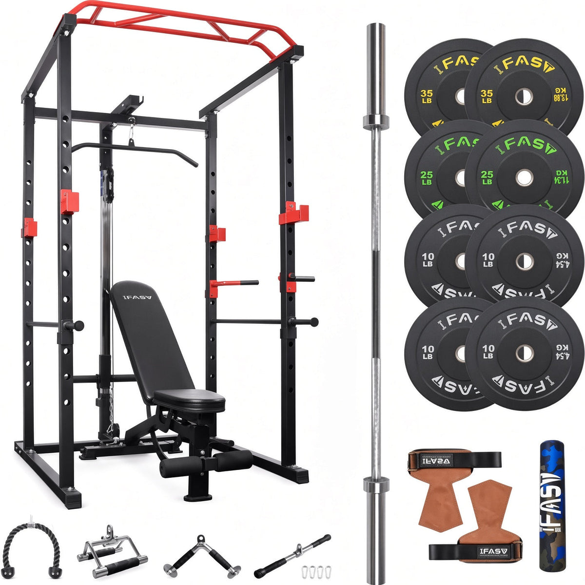 TitanCage Full Home Gym Rack complete bundle with bench barbell and bumper plates option 1