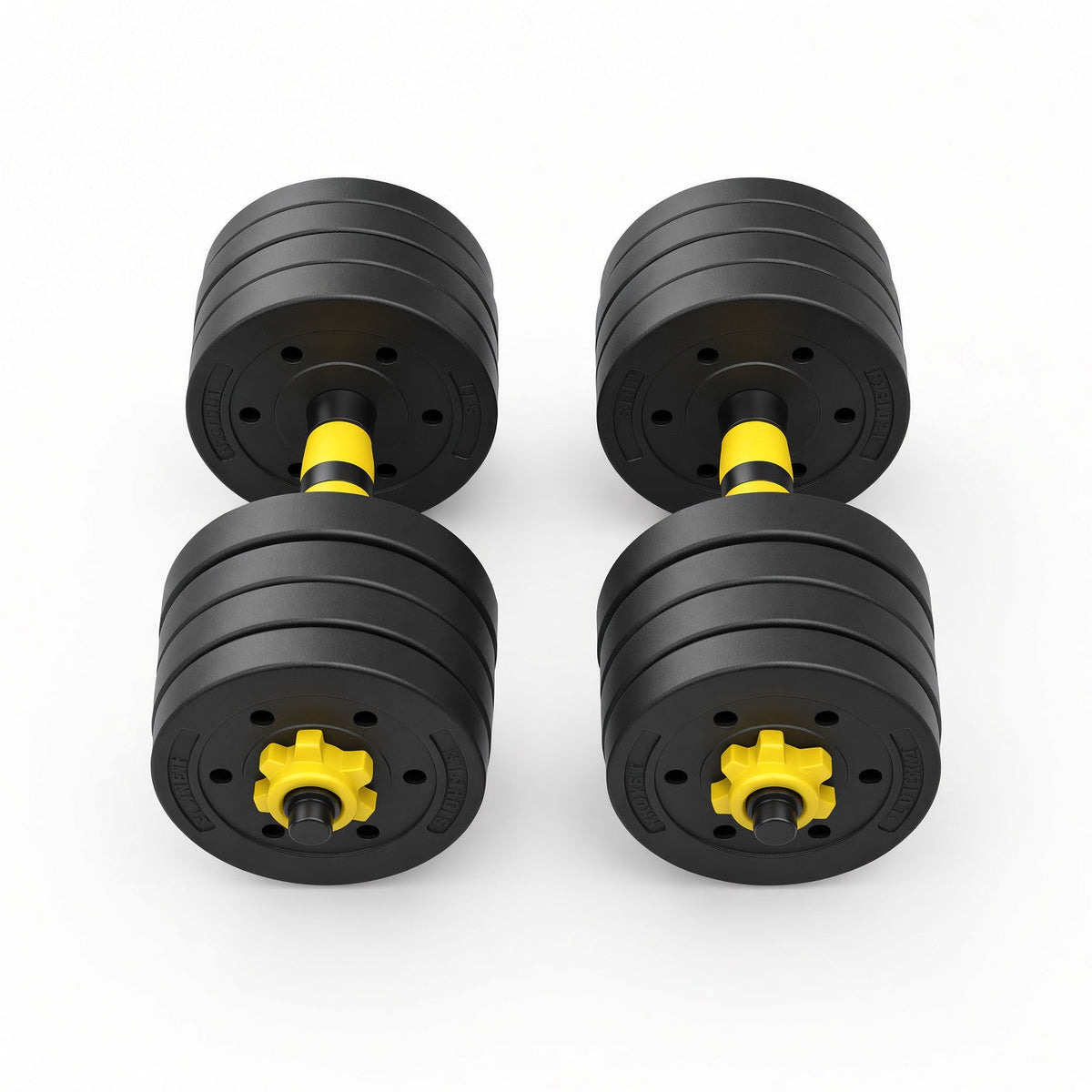Pair of adjustable dumbbells with yellow locking collars and black weight plates