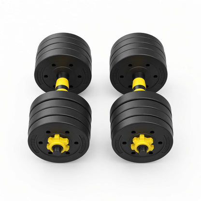 Pair of adjustable dumbbells with yellow locking collars and black weight plates