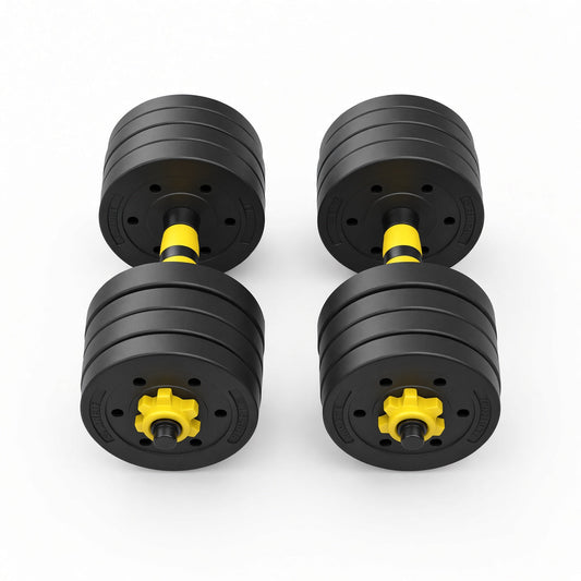 Pair of adjustable dumbbells with yellow locking collars and black weight plates