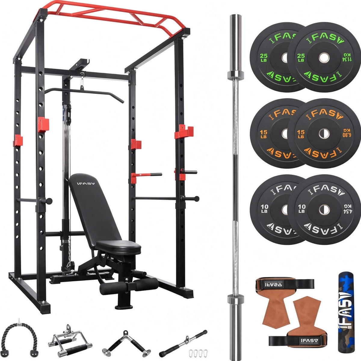 TitanCage Full Home Gym Rack complete bundle with bench barbell and bumper plates option 2
